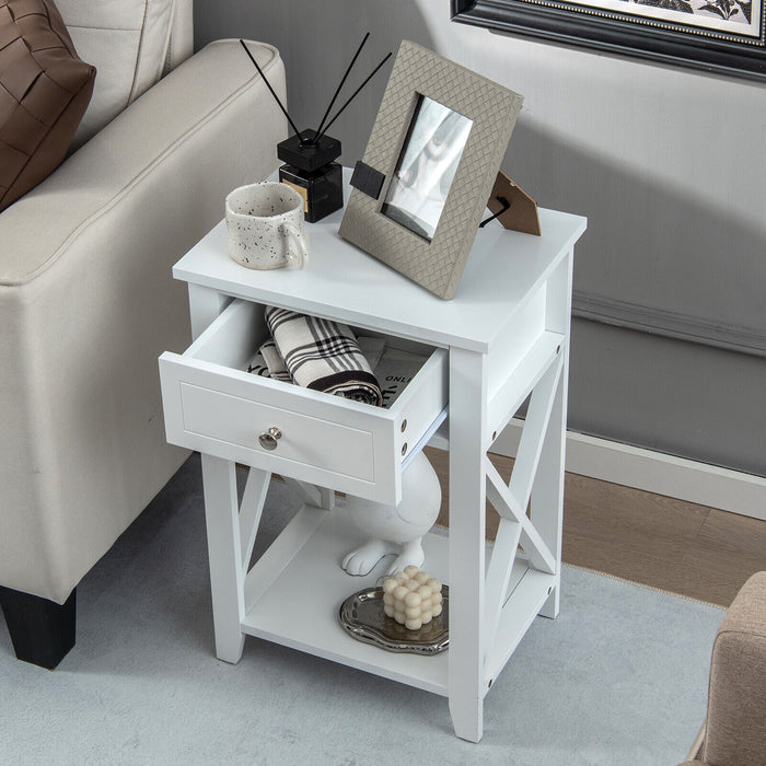 Storage End Bedside Drawer Nightstand w/ Bottom Shelf-White