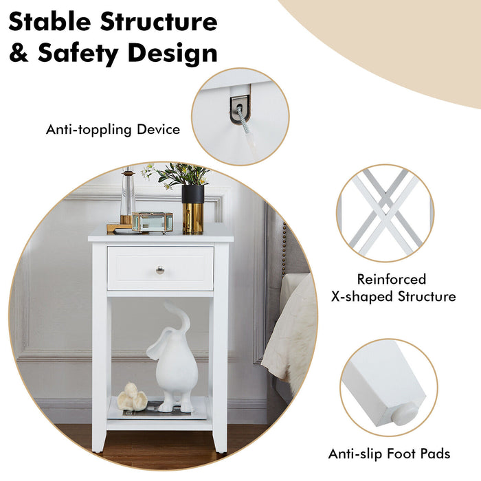 Storage End Bedside Drawer Nightstand w/ Bottom Shelf-White