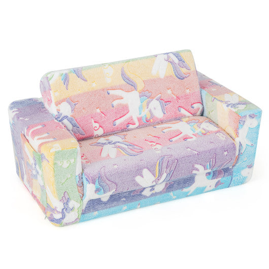 2-in-1 Flip Out Kids Sofa Chair with Detachable Flannel Fabric Cover and Glowing Patterns-Color