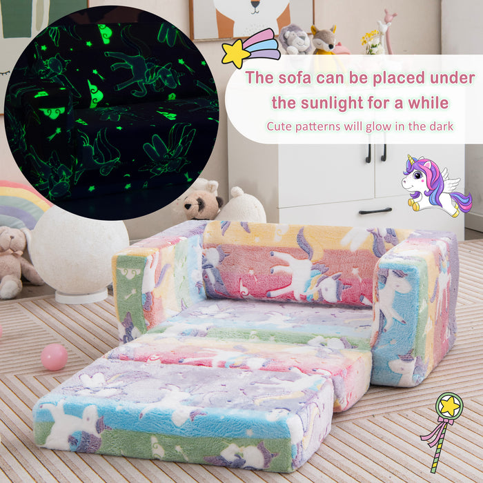 2-in-1 Flip Out Kids Sofa Chair with Detachable Flannel Fabric Cover and Glowing Patterns-Color