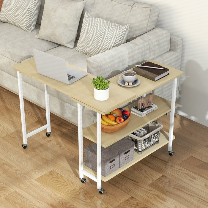 360Â° Rotating Sofa Side Table with 2-Tier Storage Shelves-Natural