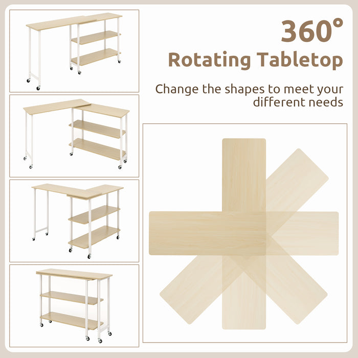 360Â° Rotating Sofa Side Table with 2-Tier Storage Shelves-Natural