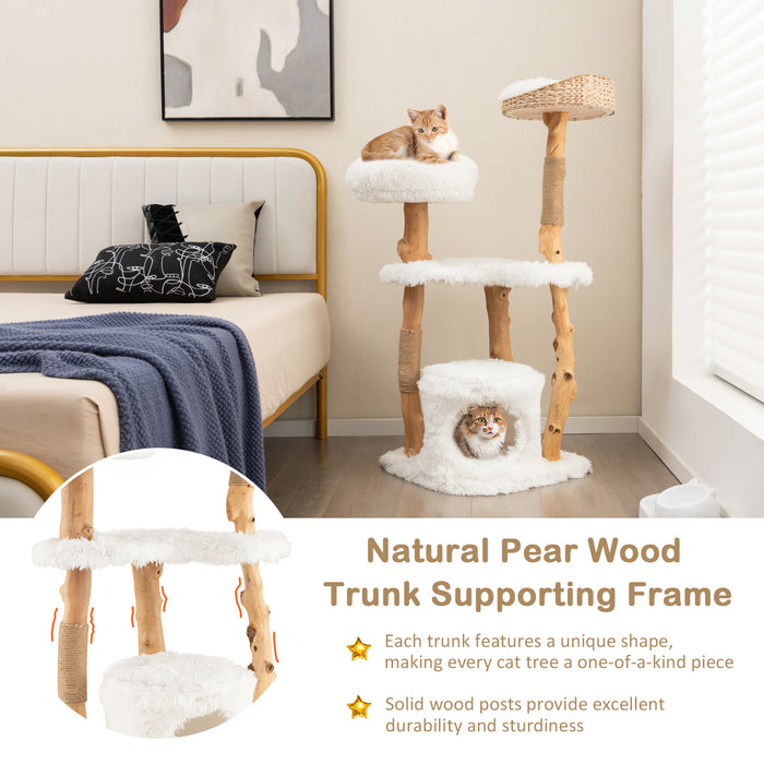 Solid Wood Cat Tower with Top Cattail Basket Cat Bed for Indoor Cats-White