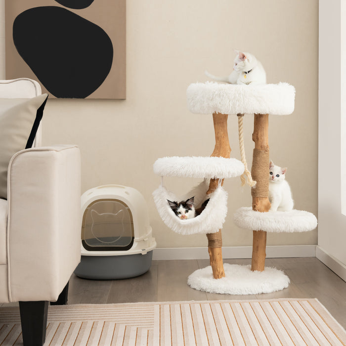 Solid Wood Cat Tower with Jute Scratching Posts and Hanging Rope for Indoor Cats