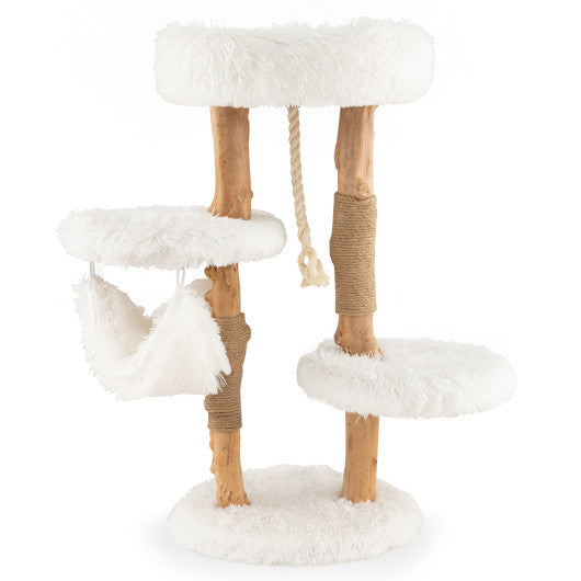 Solid Wood Cat Tower with Jute Scratching Posts and Hanging Rope for Indoor Cats