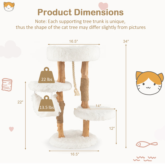 Solid Wood Cat Tower with Jute Scratching Posts and Hanging Rope for Indoor Cats