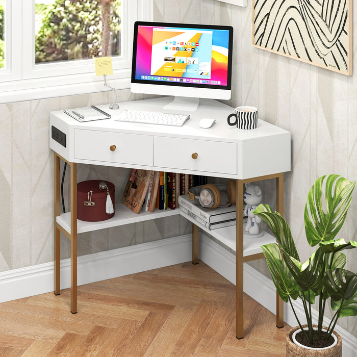 Triangle Corner Desk with Charging Station with 2 Drawers and Storage Shelf-White