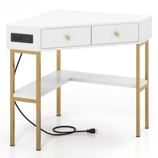 Triangle Corner Desk with Charging Station with 2 Drawers and Storage Shelf-White