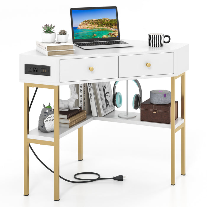 Triangle Corner Desk with Charging Station with 2 Drawers and Storage Shelf-White