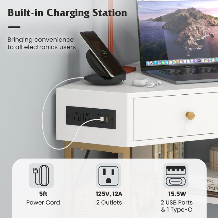 Triangle Corner Desk with Charging Station with 2 Drawers and Storage Shelf-White