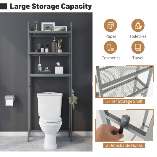 Over-The-Toilet Storage Shelf Space Saving Metal Bathroom Organizer Hooks-Gray