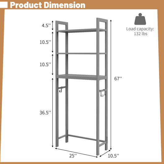 Over-The-Toilet Storage Shelf Space Saving Metal Bathroom Organizer Hooks-Gray