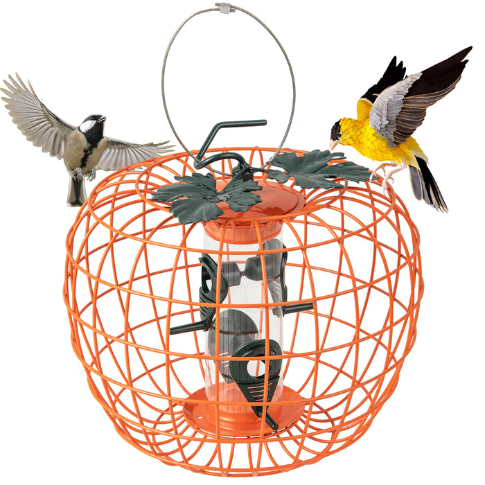 Squirrel-Proof Pumpkin Bird Feeder with Cage and 4 Metal Ports