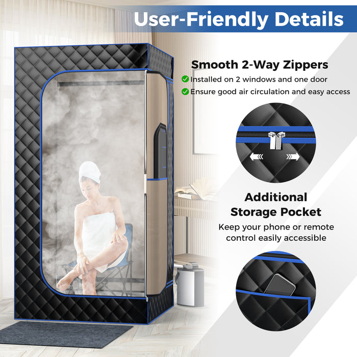 Portable Steam Sauna with 3L Steam Generator Remote Control Wood Foot Massager and Foldable Chair for Home-Black