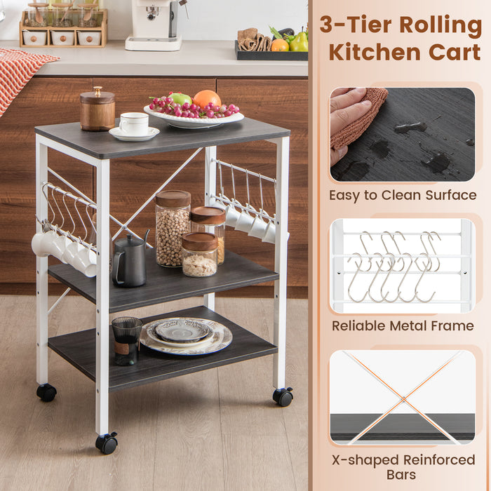 3-Tier Kitchen Baker's Rack Microwave Oven Storage Cart with Hooks-Deep Brown