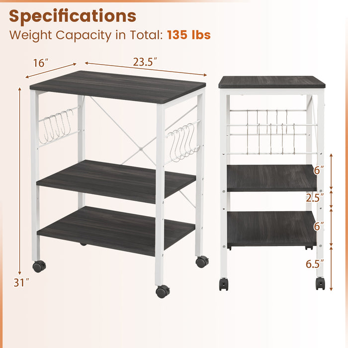 3-Tier Kitchen Baker's Rack Microwave Oven Storage Cart with Hooks-Deep Brown