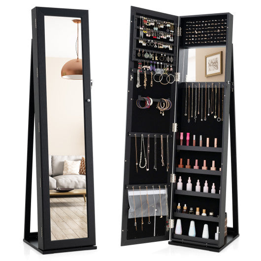 Standing Lockable Jewelry Storage Organizer with Full-Length Mirror-Black