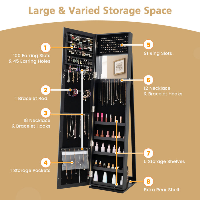 Standing Lockable Jewelry Storage Organizer with Full-Length Mirror-Black