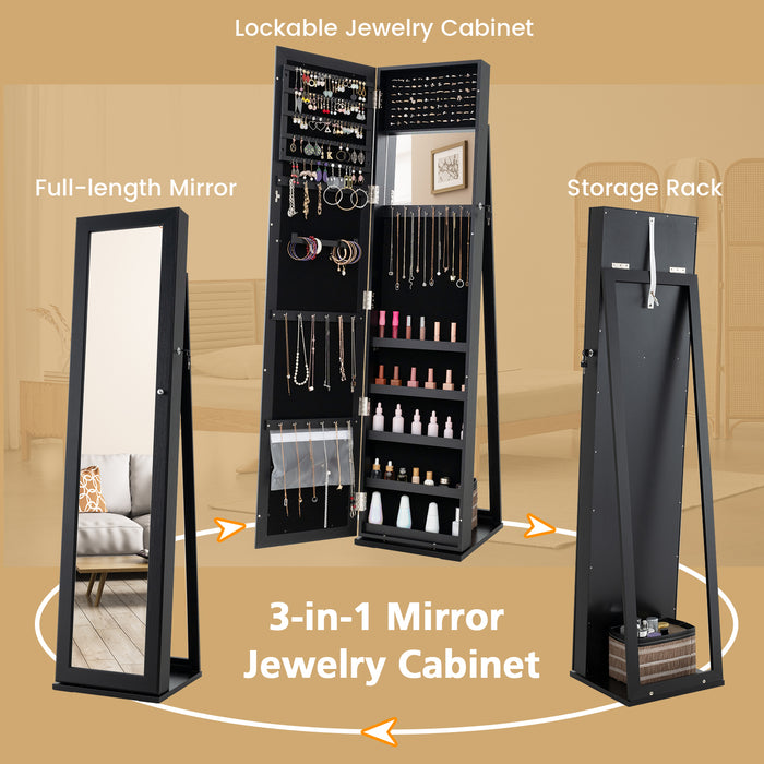 Standing Lockable Jewelry Storage Organizer with Full-Length Mirror-Black