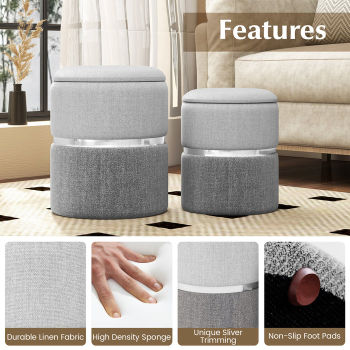 Velvet/Linen Fabric Storage Ottoman Set of 2-Gray