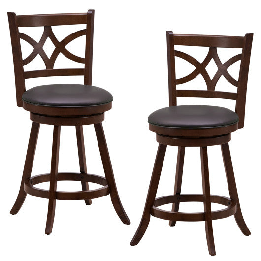 Set of 2 Bar Chairs 360Â° Swivel with Leather Cushioned Seat and Rubber Wood Frame-24 inch