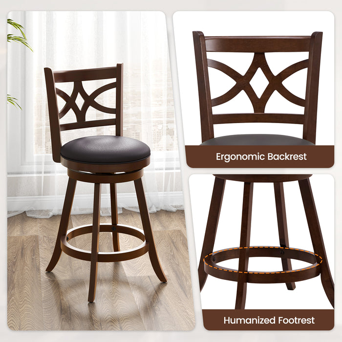 Set of 2 Bar Chairs 360Â° Swivel with Leather Cushioned Seat and Rubber Wood Frame-24 inch