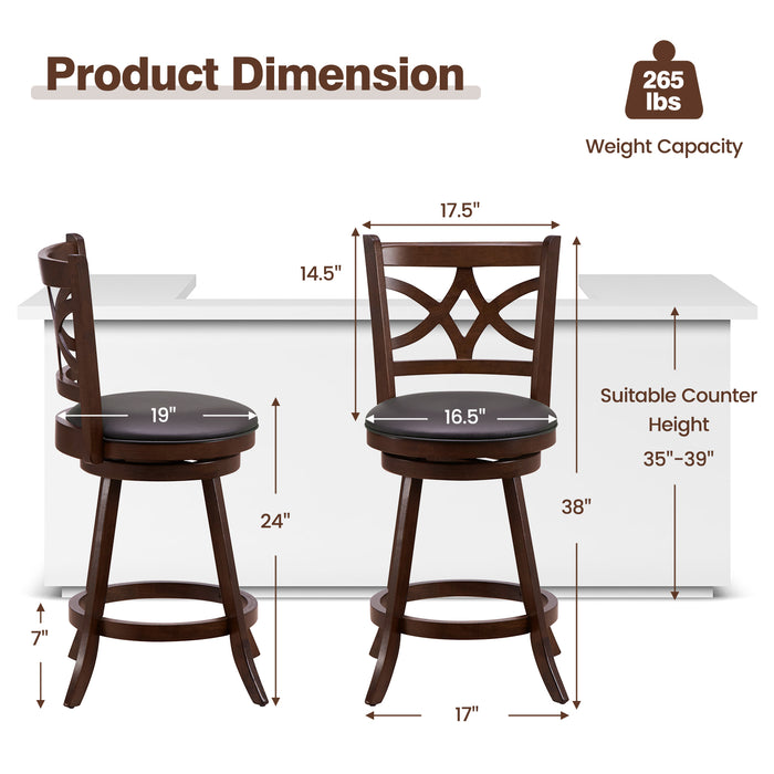 Set of 2 Bar Chairs 360Â° Swivel with Leather Cushioned Seat and Rubber Wood Frame-24 inch