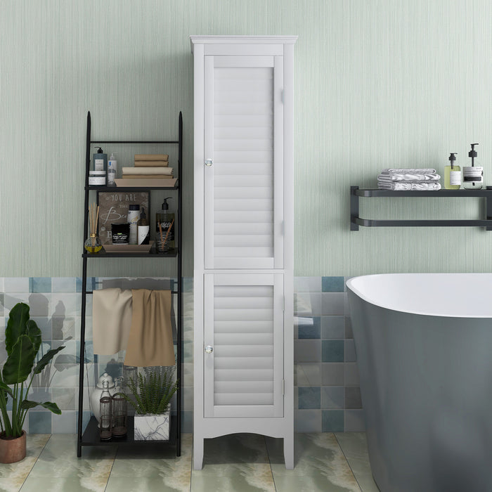 Tall Bathroom Floor Cabinet with Shutter Doors and Adjustable Shelf-White