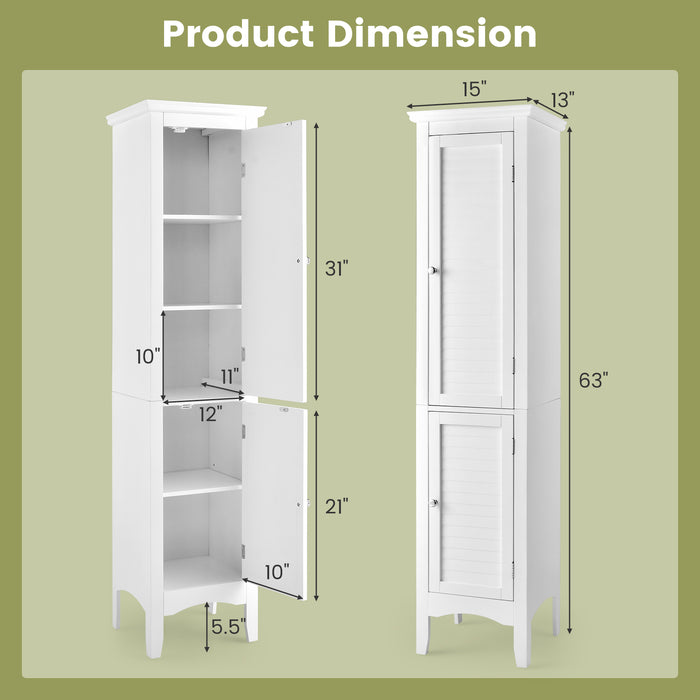 Tall Bathroom Floor Cabinet with Shutter Doors and Adjustable Shelf-White