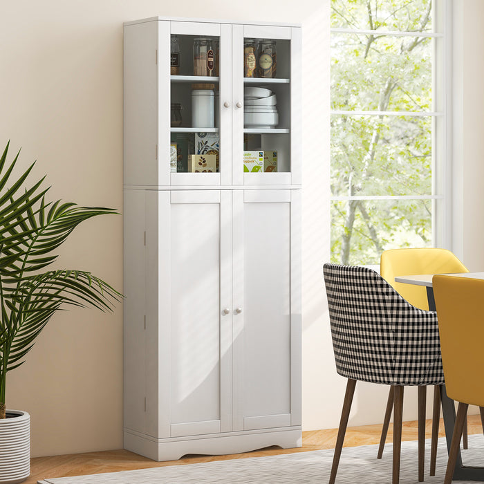 Tall Kitchen Pantry Cabinet with Dual Tempered Glass Doors and Shelves-White