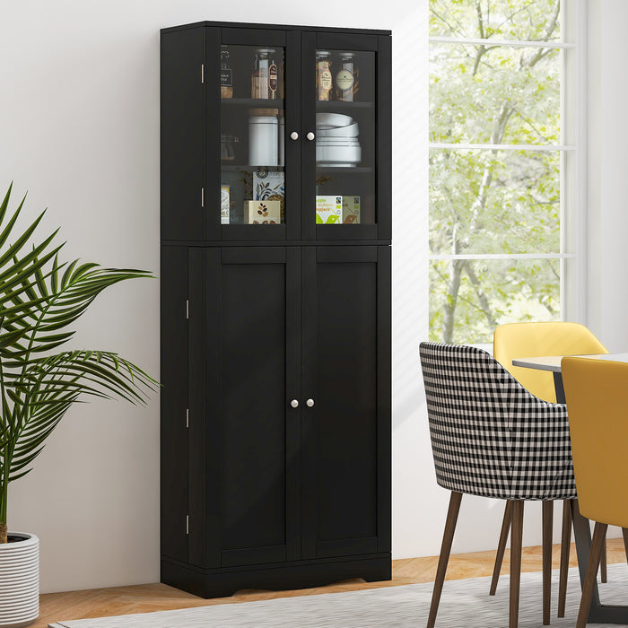 Tall Kitchen Pantry Cabinet with Dual Tempered Glass Doors and Shelves-Black