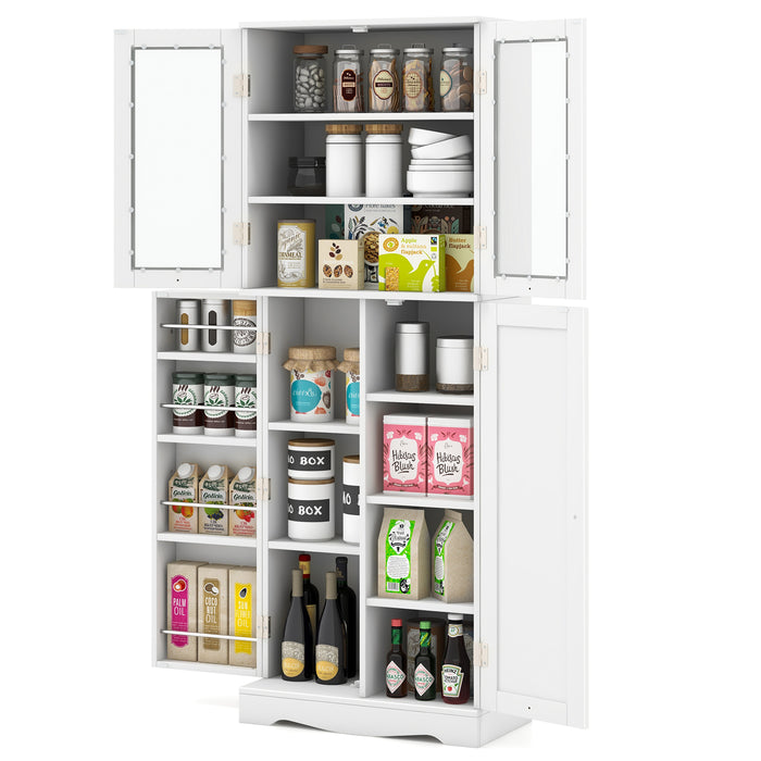 Tall Kitchen Pantry Cabinet with Dual Tempered Glass Doors and Shelves-White