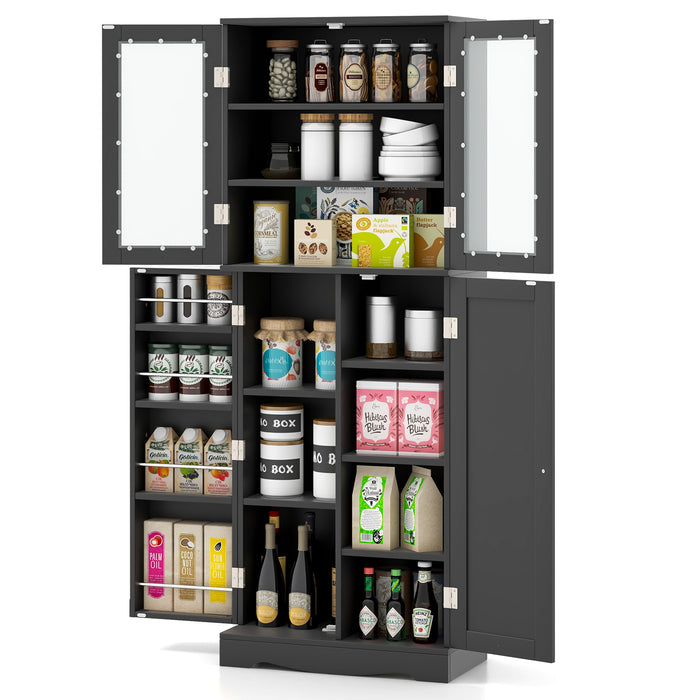 Tall Kitchen Pantry Cabinet with Dual Tempered Glass Doors and Shelves-Black