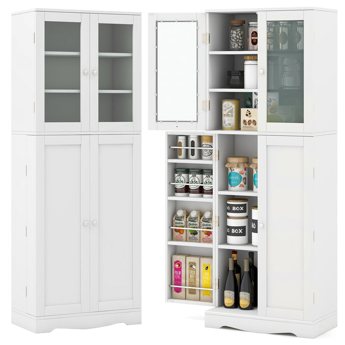 Tall Kitchen Pantry Cabinet with Dual Tempered Glass Doors and Shelves-White