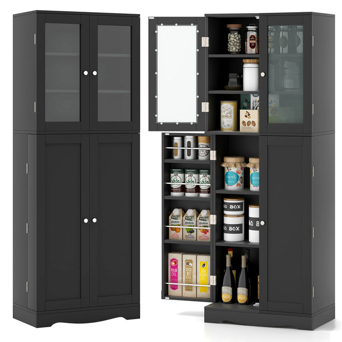 Tall Kitchen Pantry Cabinet with Dual Tempered Glass Doors and Shelves-Black