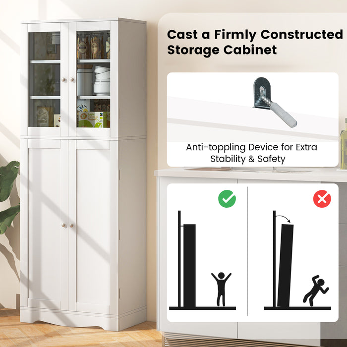 Tall Kitchen Pantry Cabinet with Dual Tempered Glass Doors and Shelves-White