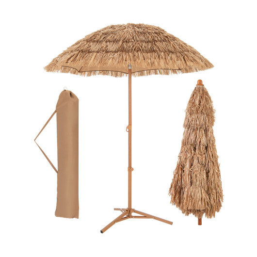 6.5 Feet Thatched Tiki Umbrella with Foldable Stand Push Button Tilt-Natural