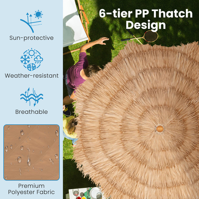 6.5 Feet Thatched Tiki Umbrella with Foldable Stand Push Button Tilt-Natural