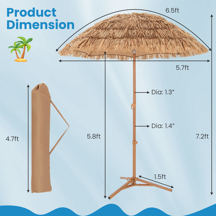 6.5 Feet Thatched Tiki Umbrella with Foldable Stand Push Button Tilt-Natural