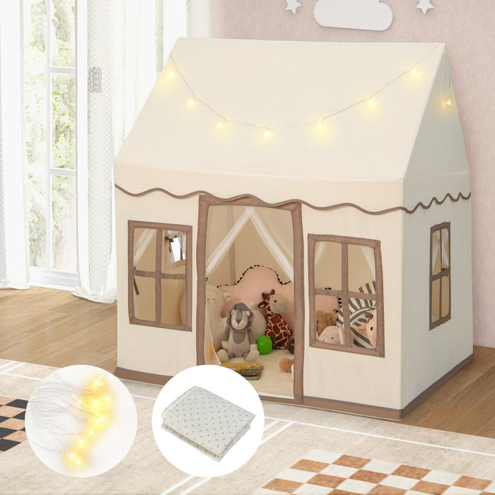 Toddler Large Playhouse with Star String Lights-Brown