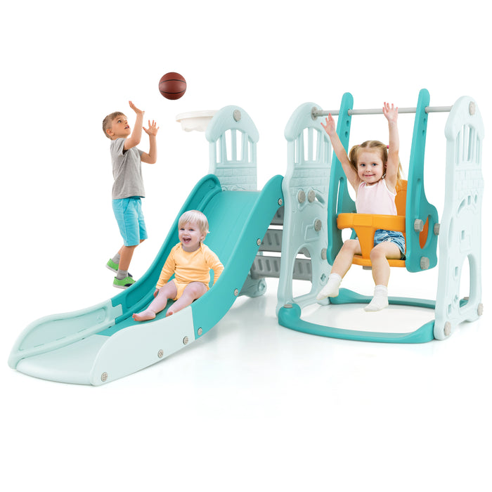 Toddler Slide and Swing Set  with Extra-long Slide Height Adjustable Swing Basketball Hoop and Climber