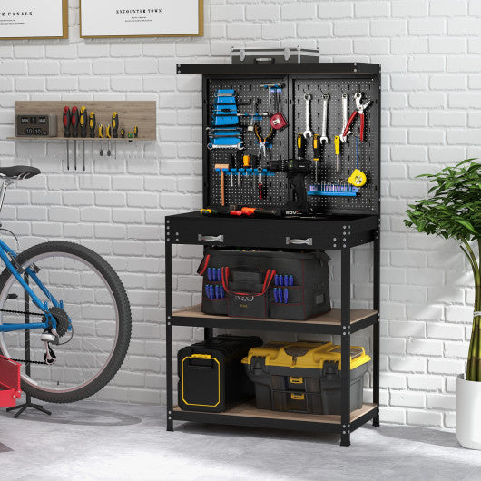 Tool Storage Workbench with Pegboard with 14 Hanging Accessories for Garage-Black and Blue