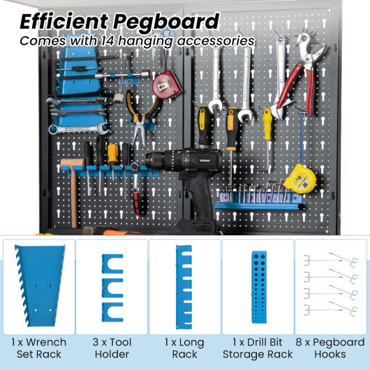 Tool Storage Workbench with Pegboard with 14 Hanging Accessories for Garage-Black and Blue