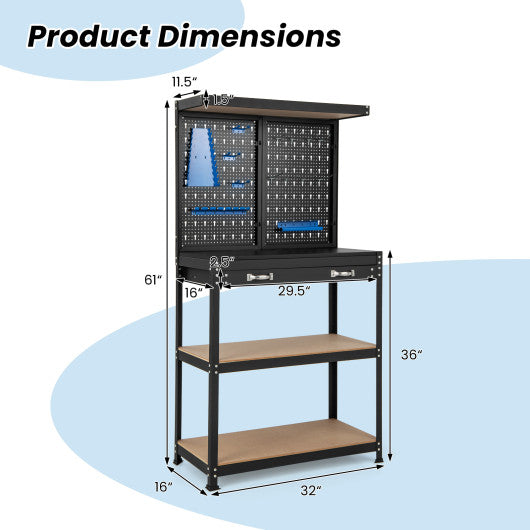 Tool Storage Workbench with Pegboard with 14 Hanging Accessories for Garage-Black and Blue