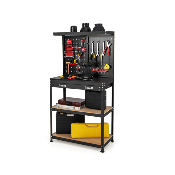 Tool Storage Workbench with Pegboard with 14 Hanging Accessories for Garage-Black and Red