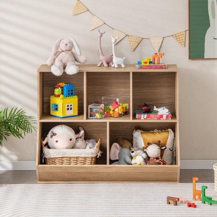 5-Cube Wooden Kids Toy Storage Organizer with Anti-Tipping Kits-Natural