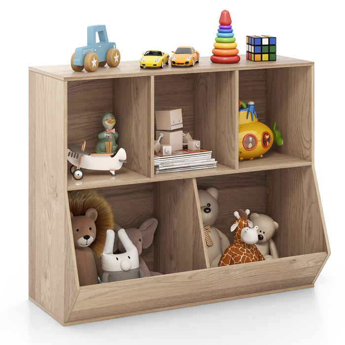 5-Cube Wooden Kids Toy Storage Organizer with Anti-Tipping Kits-Natural