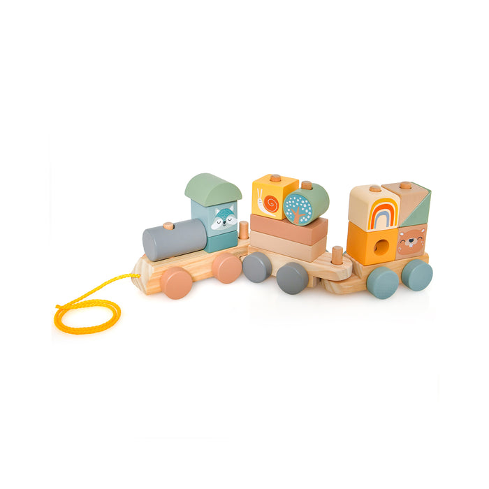 Wooden Toy Train Set with Stacking Wooden Blocks and Cute Animal Patterns