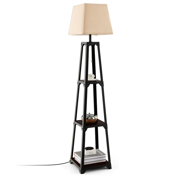 Trapezoidal Designed Floor Lamp with 3 Tiered Storage Shelf-Brown