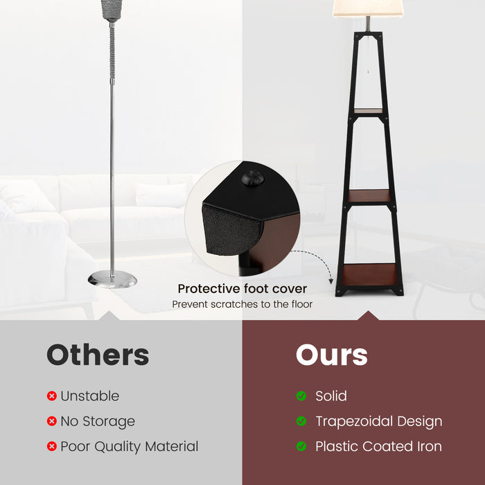 Trapezoidal Designed Floor Lamp with 3 Tiered Storage Shelf-Brown